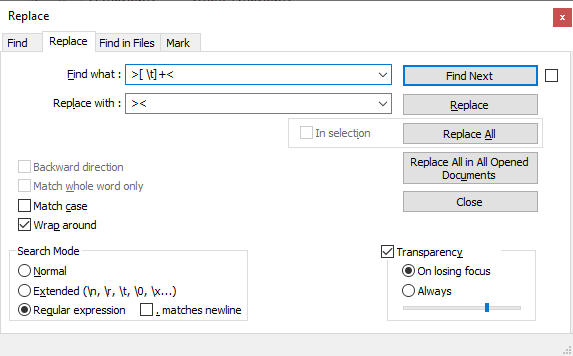 如何在Notepad++里使用正则表达式查找和替换文本？